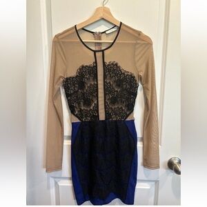 Lush Tan and Black Lace Dress with Blue Skirt